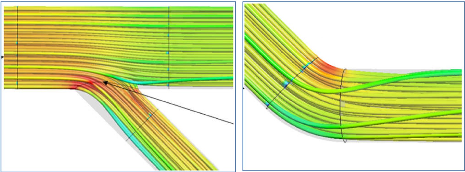 CFD velocity streamlines in bio-mimetic fittings: branch flow merging gradually into the header through a lateral wye, and an even, gently turning flow through a 45-degree elbow