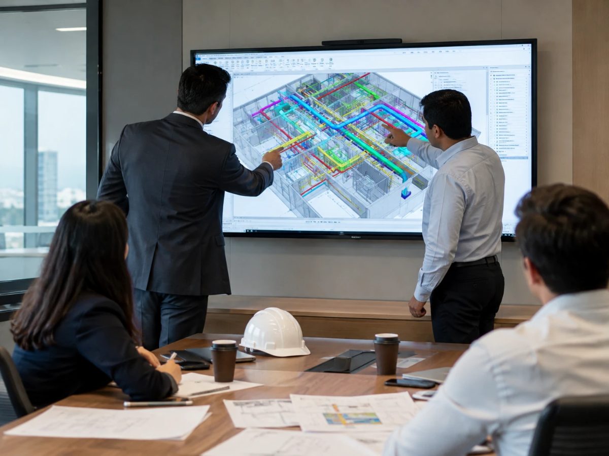 Engineers reviewing a colour-coded 3D MEP coordination model on a large screen during a project meeting