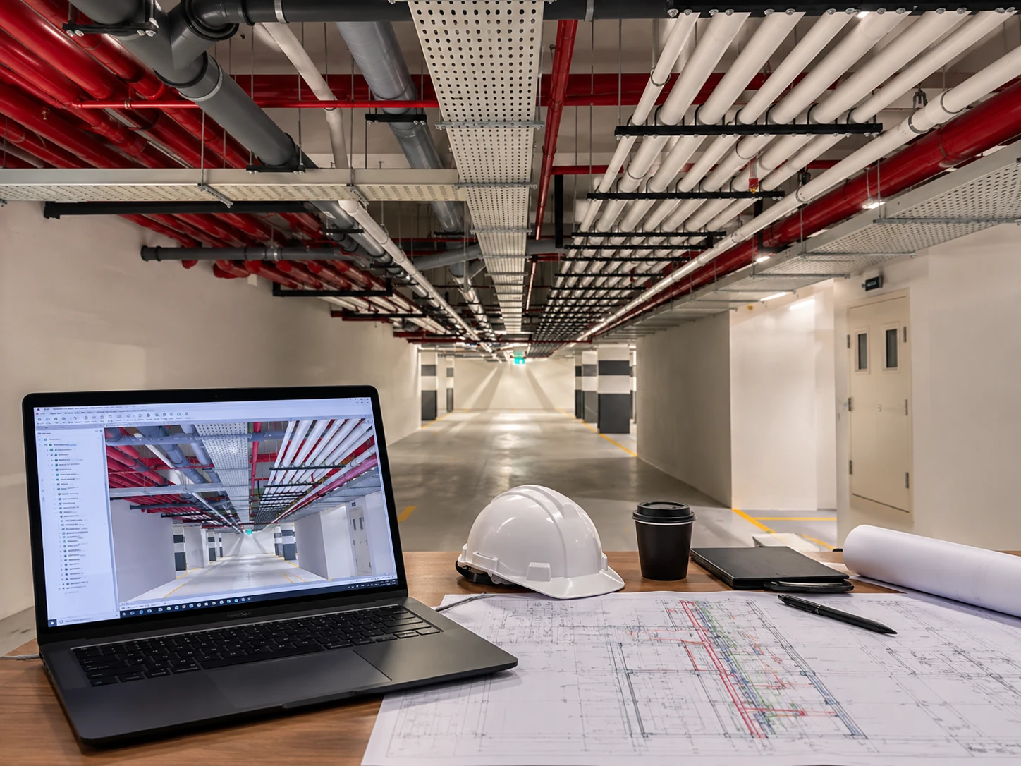 Basement services corridor with coordinated fire, drainage and cable-tray runs overhead; a laptop showing the matching 3D coordination model, a hard hat and marked-up MEP drawings on a site desk