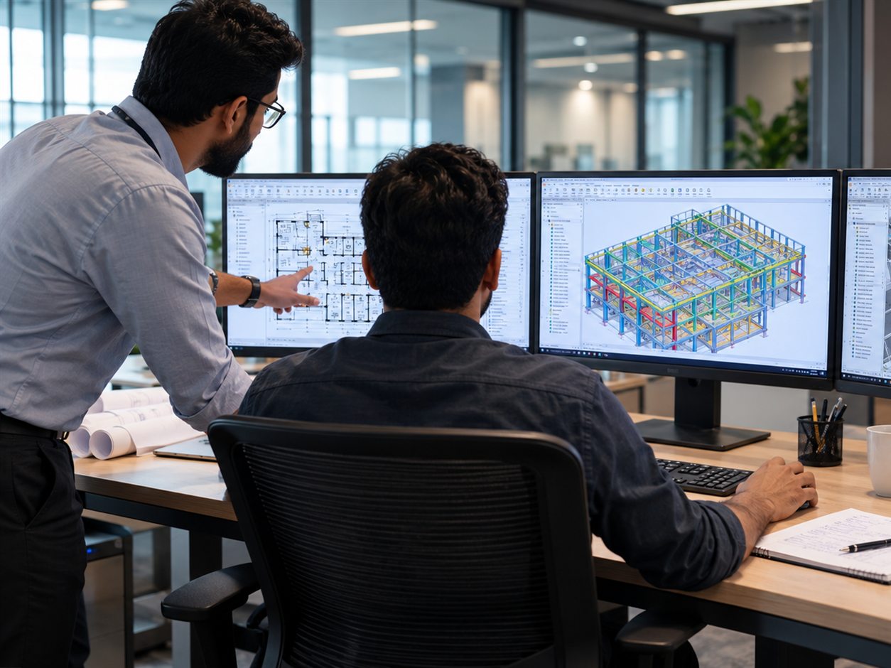 Two engineers at a workstation reviewing a floor plan and a colour-coded 3D building-services model across multiple screens