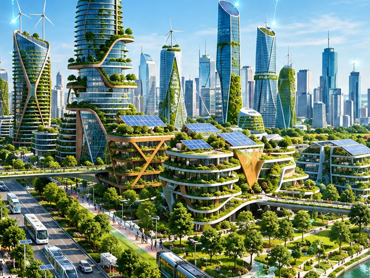 Illustration of a green city skyline with planted high-rise buildings, rooftop solar panels, wind turbines and public transport