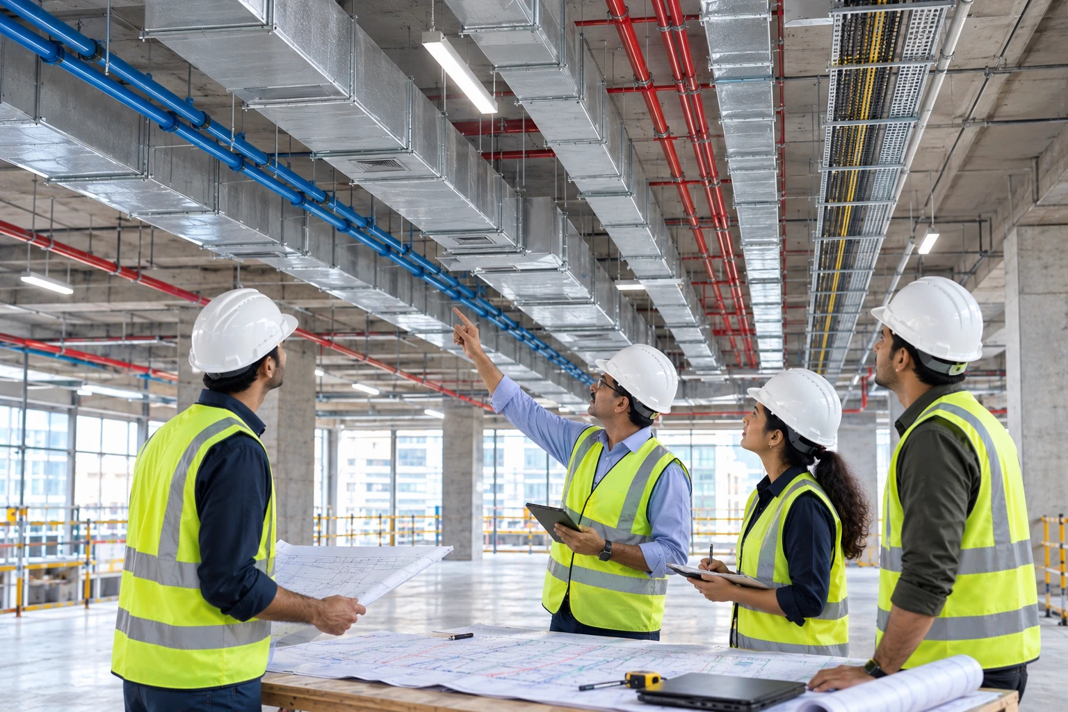 Engineers in hard hats and hi-vis vests reviewing ductwork, fire and water pipework and cable trays overhead, with drawings spread on a site table