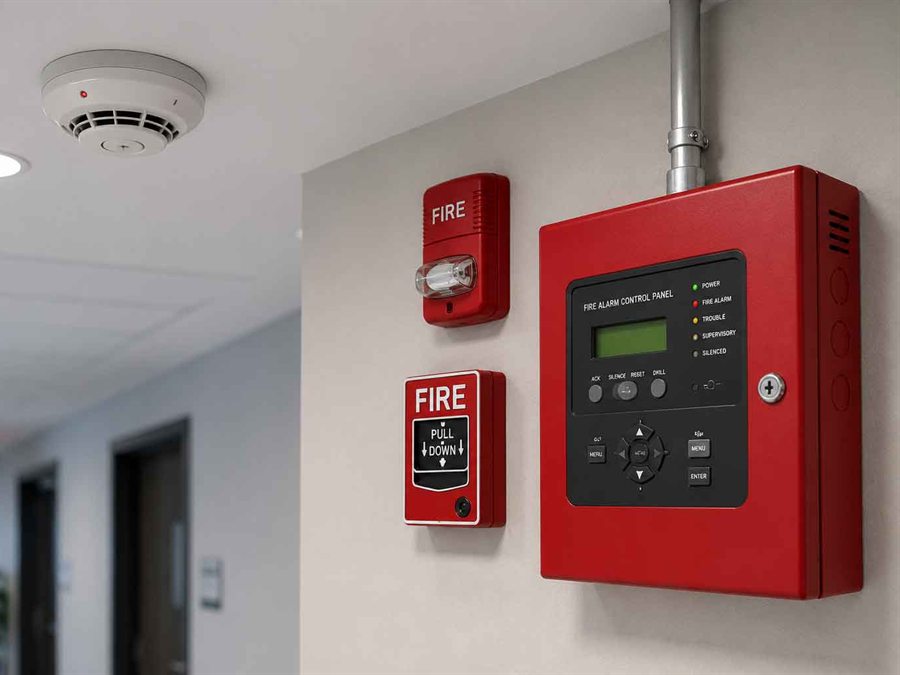 Fire alarm control panel with call point and sounder