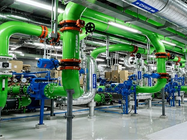 Chilled-water plant room with insulated pipework and pumps
